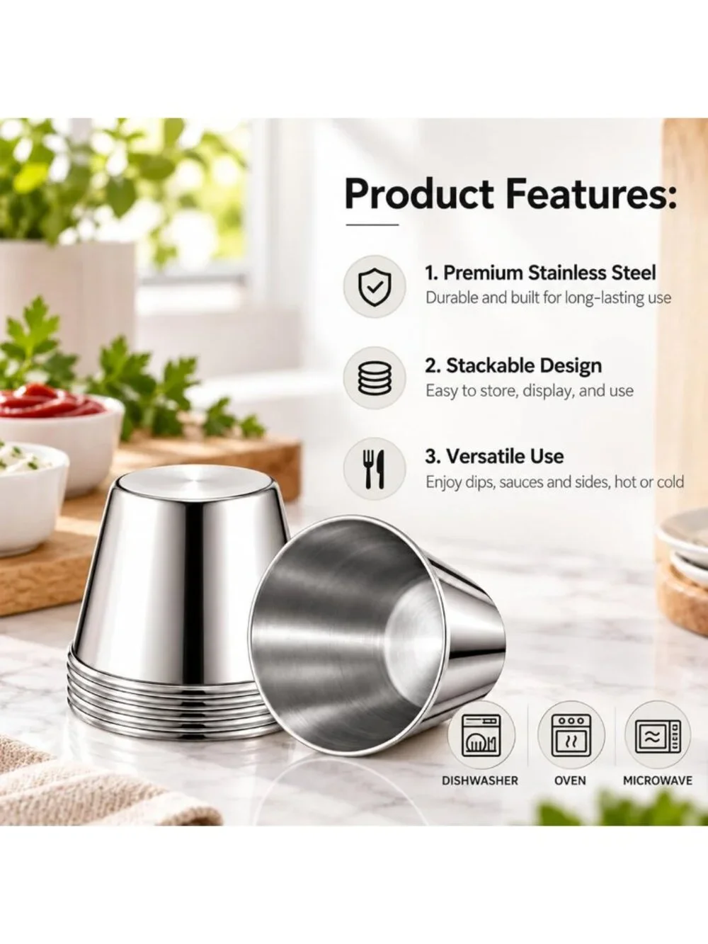 100 Pcs Stainless Steel Dipping Sauce Cups - 2.5oz Metal Ramekins for Parties